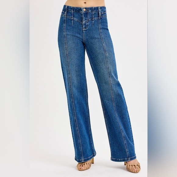 Risen High Rise Dark Wash Front Yoke Seam Detail Wide Leg Jeans Various NEW - Picture 5 of 5